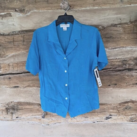 Kim Rogers Turquoise Short Sleeved Silk & Cotton Embroidered Blouse Size Medium - Picture 1 of 8